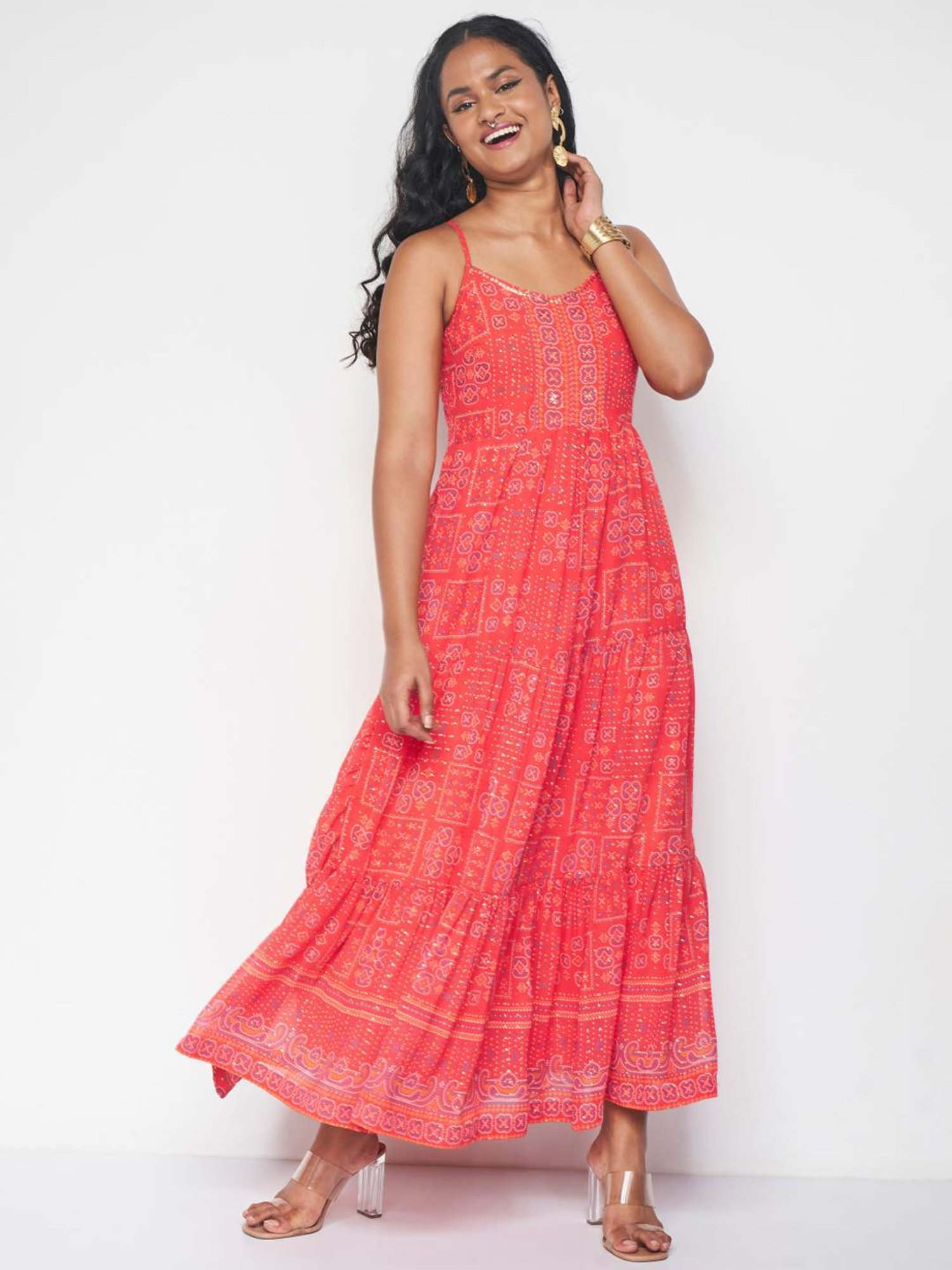 Global Desi Orange Printed Maxi Dress