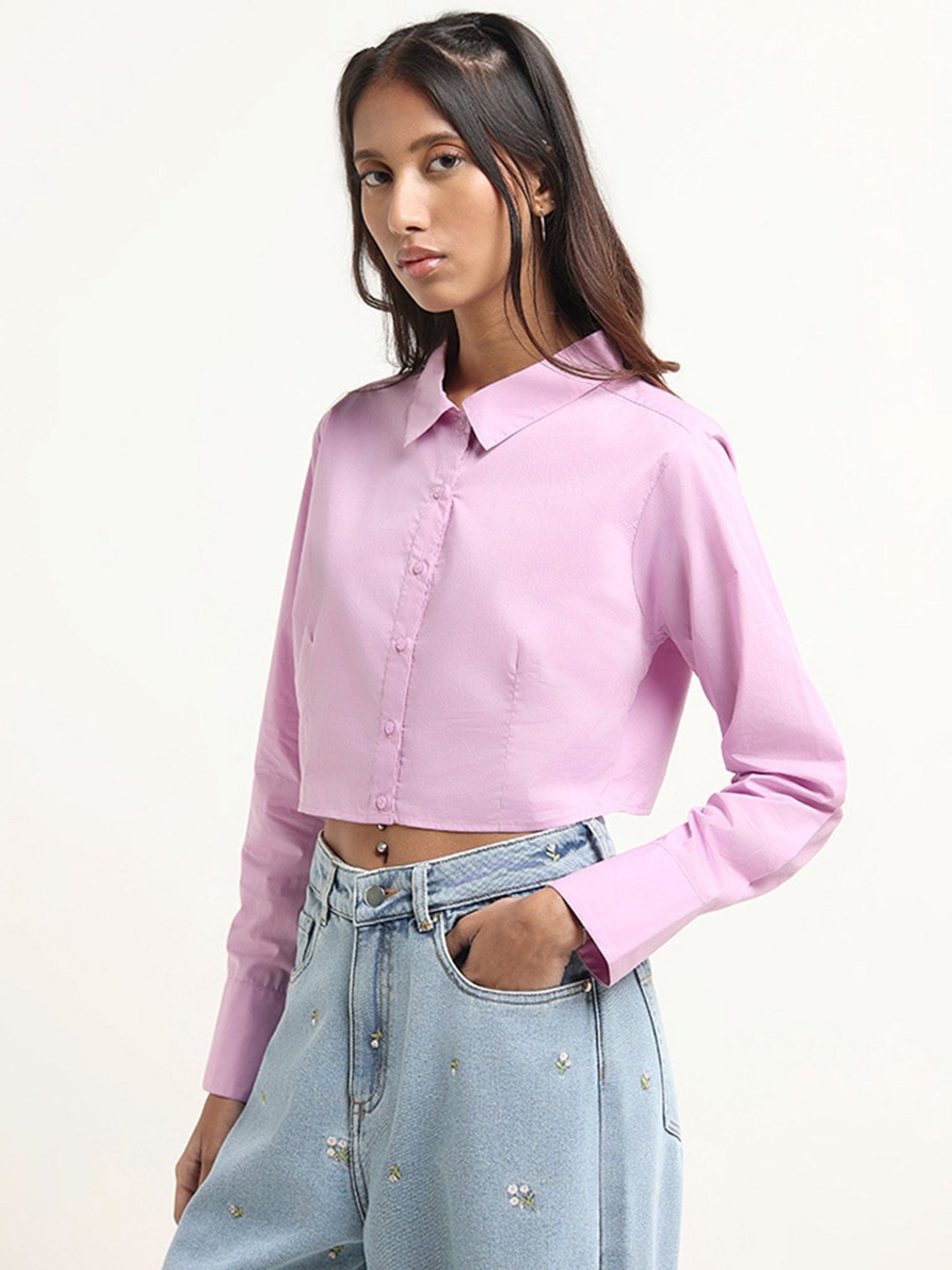 Buy Nuon by Westside Pink Cotton Crop Shirt for Online @ Tata CLiQ