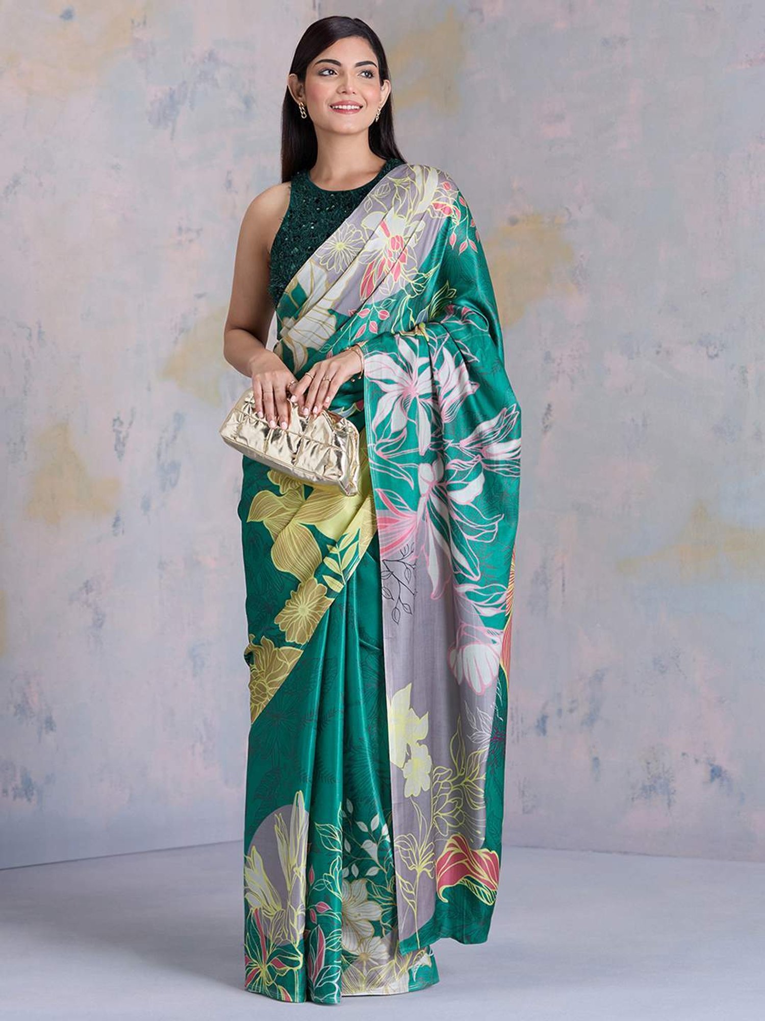 The Colours Of The Night Teal Liva Shimmer Saree - navyāsa
