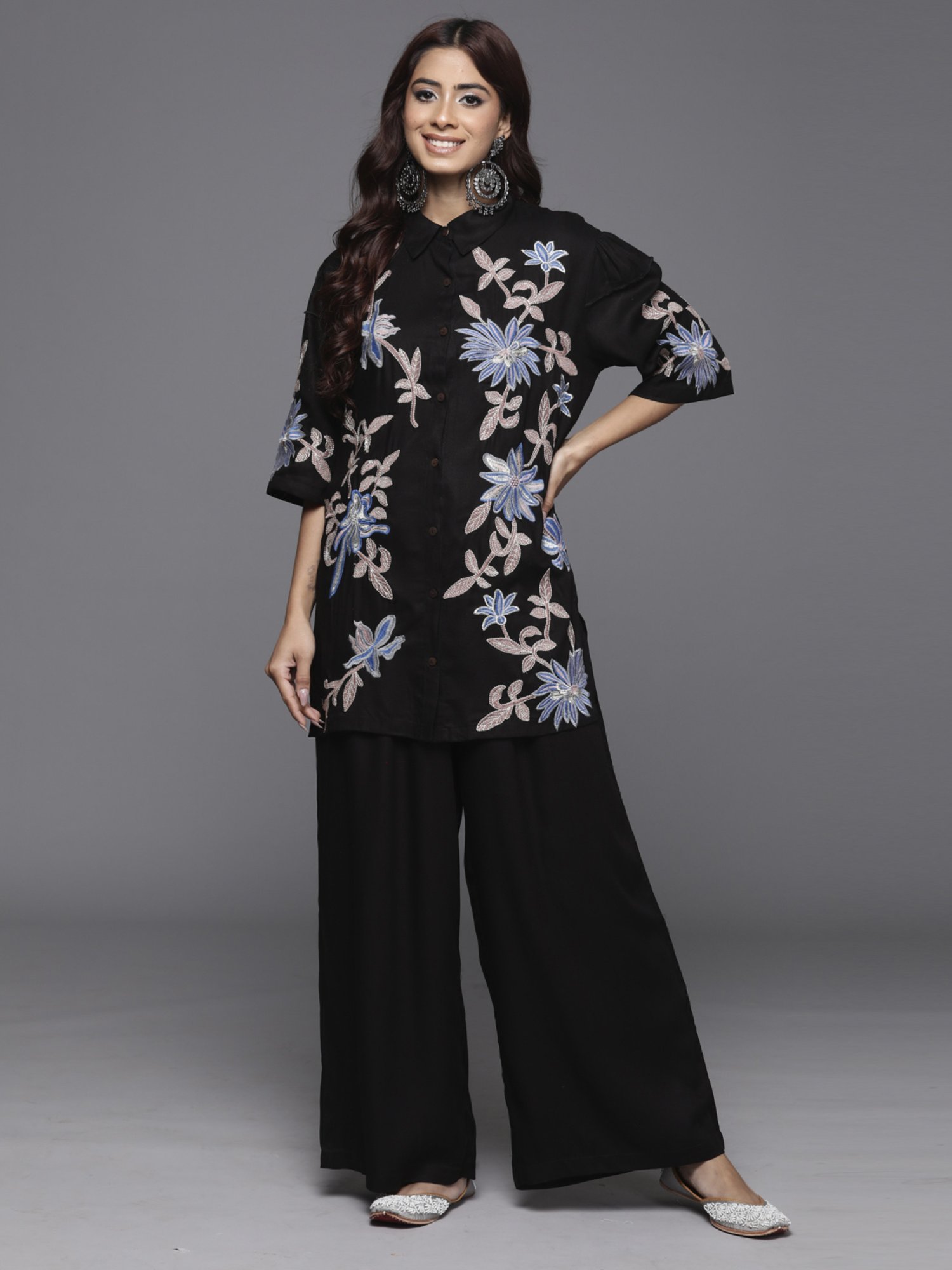 Buy Indo Era Black Embroidered Tunic Palazzo Set for Women Online