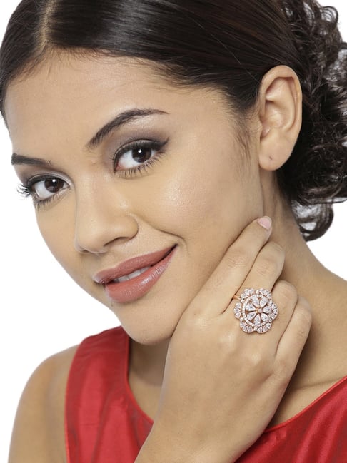 Zaveri Pearls Clear & Rose Gold Brass Cocktail Ring-picture-15