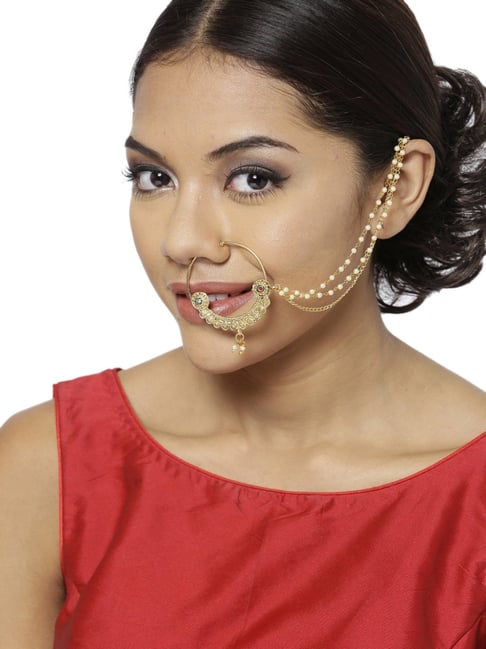 Zaveri Pearls Golden & Pearl White Alloy Nose Ring