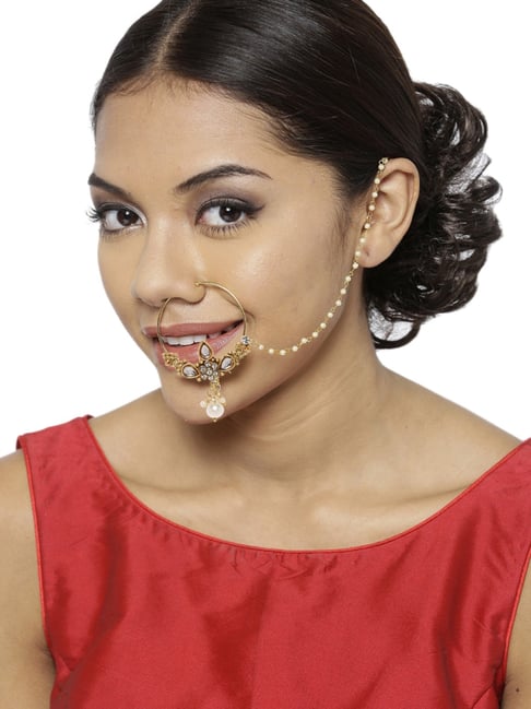 Zaveri Pearls Clear & Pearl White Alloy Nose Ring