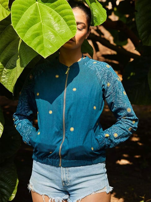 Buy Okhai Starry Night Blue Pure Cotton Embellished Jacket for