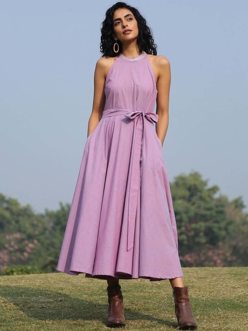 Buy Okhai Lavender Pearl Purple Pure Cotton Embroidered A-Line