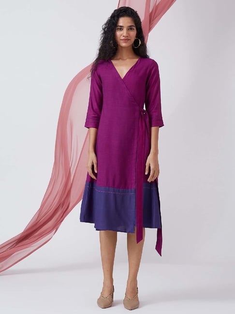 Okhai Boysenberry Purple Color-Block A-Line Wrap Dress
