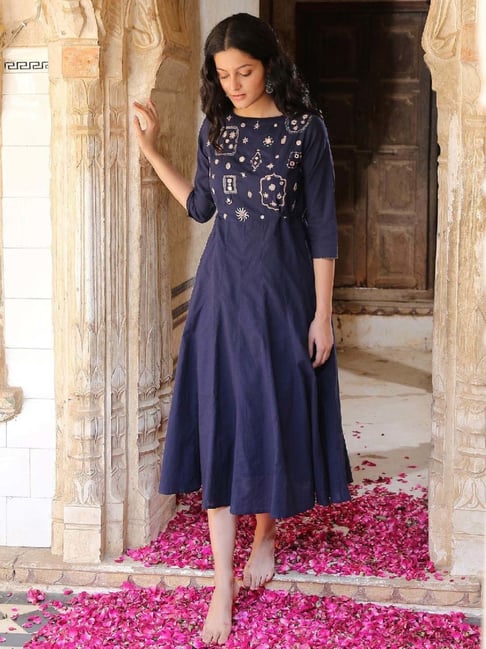 Okhai Luminary Navy Pure Cotton Hand Embroidered A-Line Dress