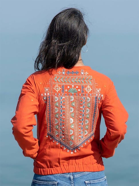 Buy Okhai Silent Dream Orange Pure Cotton Bomber Jacket for Women