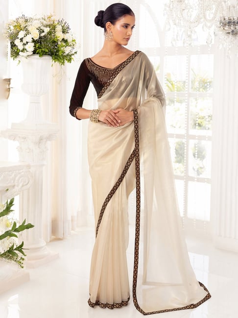 Off White Pure Silk Saree at Sneha Wedding - Saree Blouse Patterns