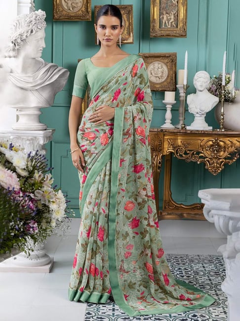 Emerald Green Organza Embroidered & Printed Pre-Draped Saree Set Design by  DOHR INDIA at Pernia's Pop Up Shop 2024