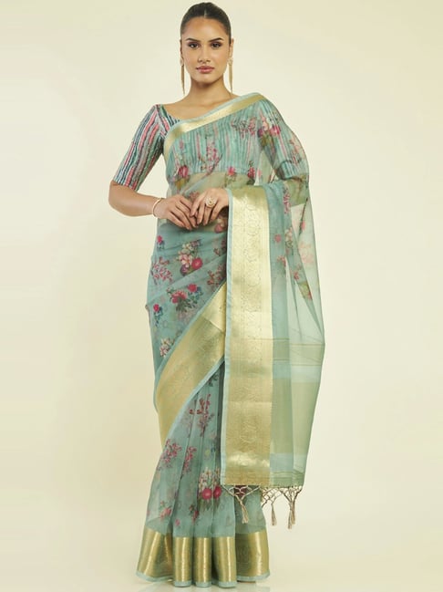 Green Silk Saree With Floral Print Blouse Saree 4786SR05