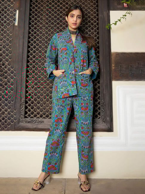 Eeshva India Green Hand Blocked Blazer with Pant In Cotton