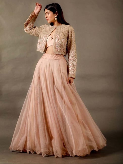 Jacket blouse attached to lehenga with a saree style drape with mirror work  bordered style. - ruceru