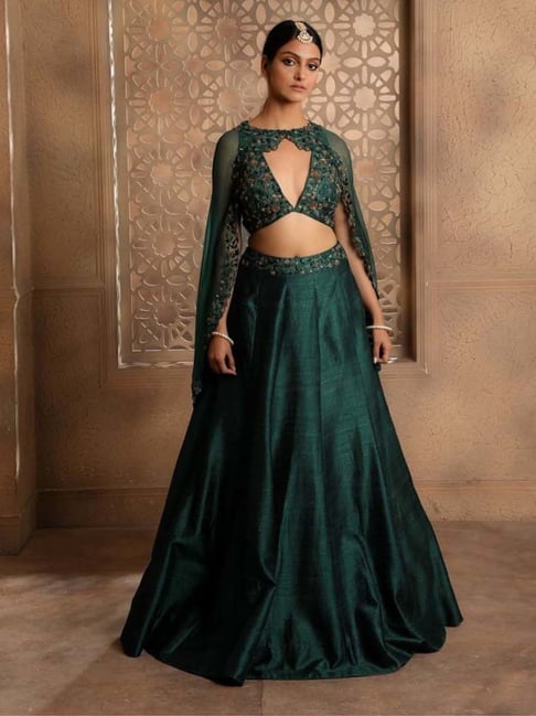Ivory Silk Floral Net Bralette Blouse With Cape Lehenga Set | Chamee &  Palak – KYNAH
