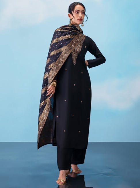 Navy Blue Georgette Unstitched Dress Material With Ethnic Embroidery And  Sequins . Shop Navy Blue Georgette Dress-Materials for Festive at Soch