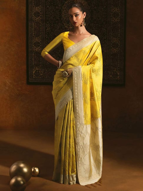 Buy PITHAVADIWALA Women Yellow Embellished Jacquard Saree with Unstitched  Blouse Online at Best Prices in India - JioMart.