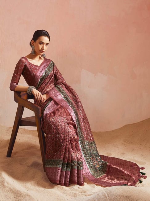Soch Onion Pink Organza Pochampally Pattern Saree with Tasselled Border