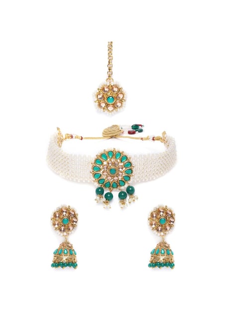 Buy Zaveri Pearls Green Stones Pearls Patta Jewellery Set Online
