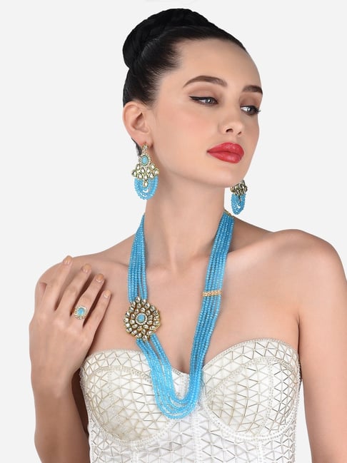 Buy Zaveri Pearls Turquoise Blue Cluster Stone Choker Necklace Earring Ring  Set - ZPFK16403 Online