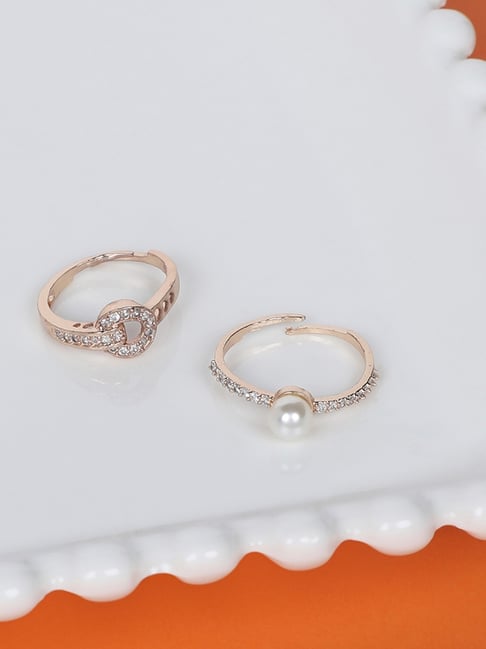 Zaveri Pearls Set of 2 Rose Gold Contemporary Cubic Zirconia Brass Rings-ZPFK11194