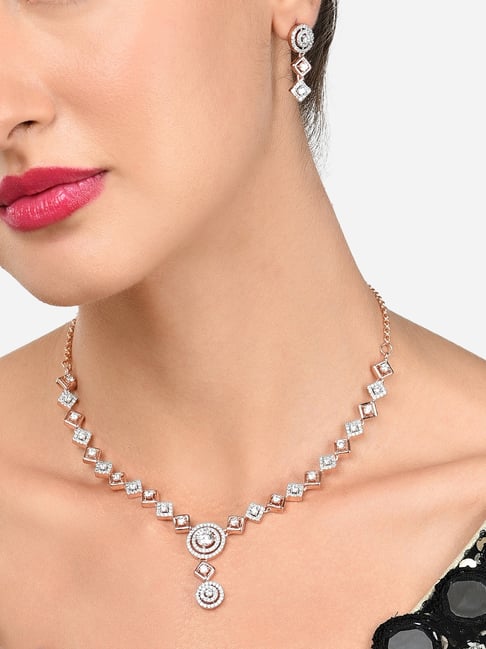 Zaveri Pearls Rose Gold Dazzling Cubic Zirconia Contemporary Necklace & Earring Set-ZPFK15950-picture-14