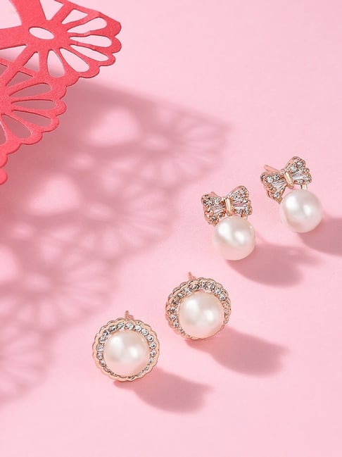 Zaveri Pearls Set of 2 Gold Tone Contemporary Cubic Zirconia Brass Stud Earrings - ZPFK11153-picture-20