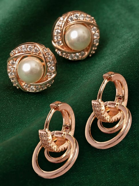 Zaveri Pearls Combo of 3 Rose Gold Cubic Zirconia & Pearls Brass Stud &  Drop Earring For Women-ZPFK10858 : Amazon.in: Fashion