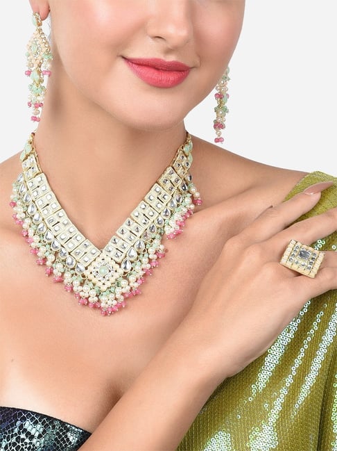 Buy Zaveri Pearls Green Pink Earring Ring Set-ZPFK15357 Online
