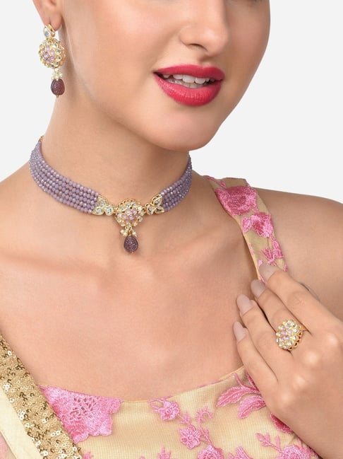 Zaveri Pearls Purple Multistrand Crystal Beaded Kundan Choker Necklace Earring & Ring Set-ZPFK14835-picture-20