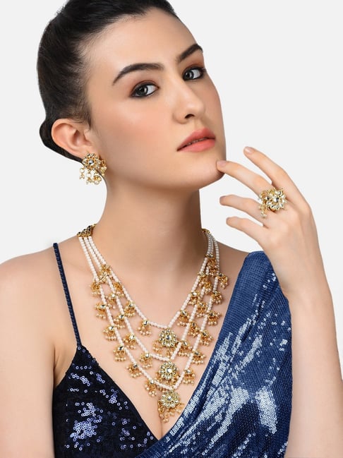 Buy Zaveri Pearls ed Pearls Necklace Earring Ring Set