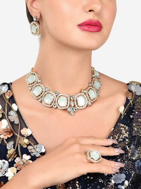 Buy Zaveri Pearls Mint Green Necklace Earring Ring Set-ZPFK16070