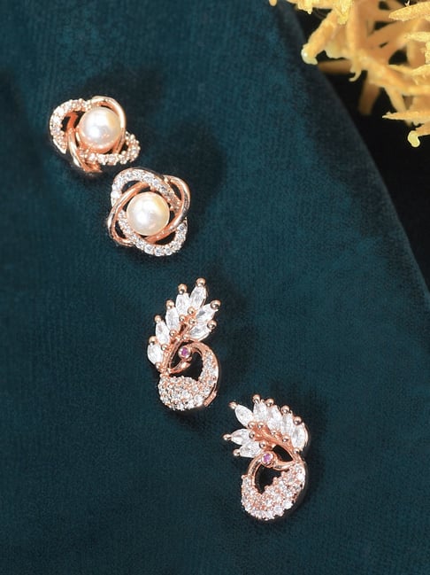 Zaveri Pearls Combo of 2 Rose Gold Cubic Zirconia Brass Stud Earrings-ZPFK10218-picture-16