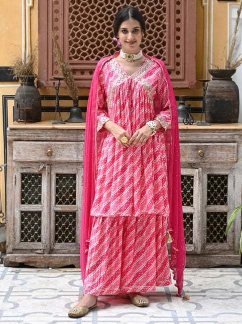 Buy Pink Peplum Top Cotton Mulmul Embroidery Thread Angrakha Sharara Set  For Women by PREEVIN Online at Aza Fashions.
