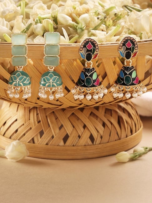 Zaveri Pearls Set of 2 Multicolor Enamel Beads & Kundan Traditional Jhumki Earring-ZPFK16856-picture-25