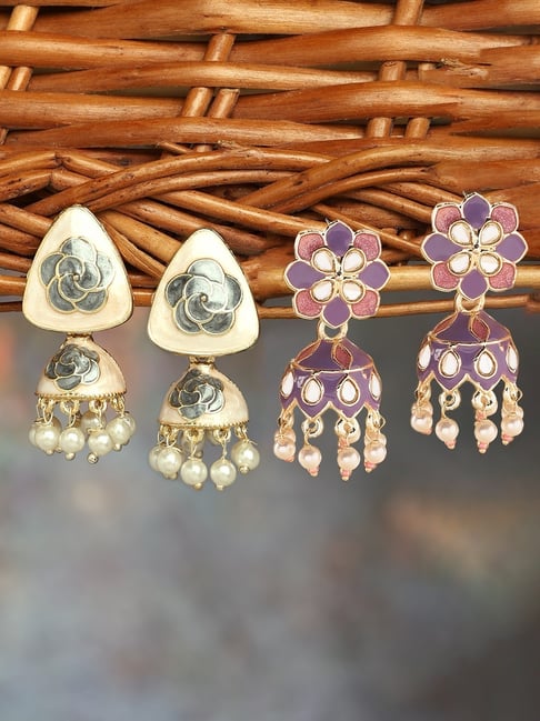 Zaveri Pearls Set of 2 Multicolor Floral Enamel Beads & Kundan Traditional Jhumki Earring-ZPFK16855-picture-23