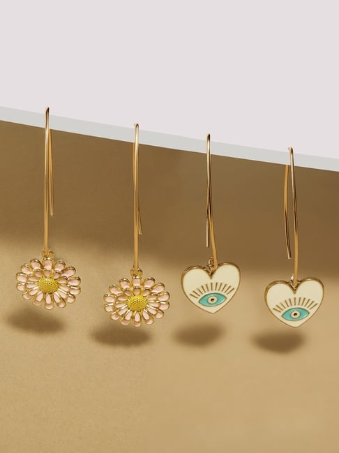 Zaveri Pearls Set of 2 Multicolor Enamelled Evil Eye Heart Shape Contemporary Drop Earring-ZPFK16821-picture-24