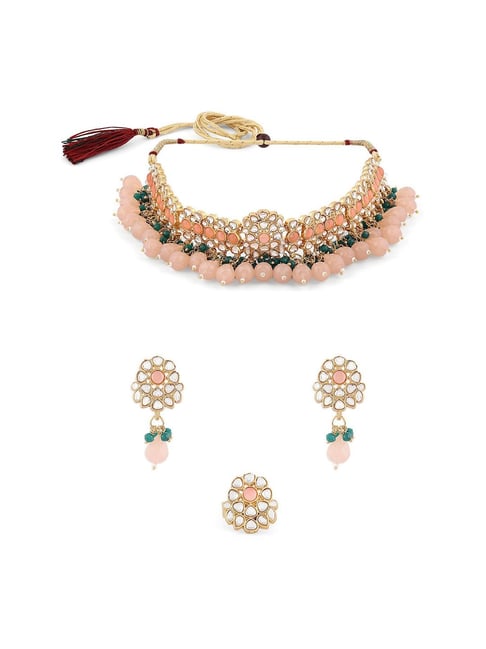 Buy Zaveri Pearls Peach Green Cluster Necklace Set-ZPFK16509