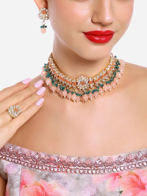 Zaveri Pearls Peach & Green Cluster Drops Kundan Choker Necklace Earring &  Ring Set-ZPFK16509