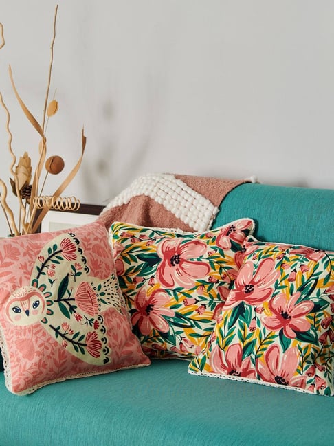 Buy Chumbak Woodland Wonders Floral Pink Cotton Cushion Covers at