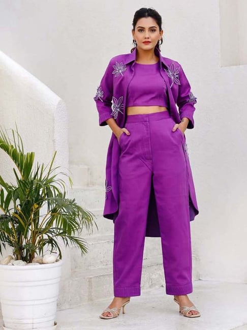 Lirose Purple Pure Cotton Satin Tube with Long Coat and Pant Co-ord Set
