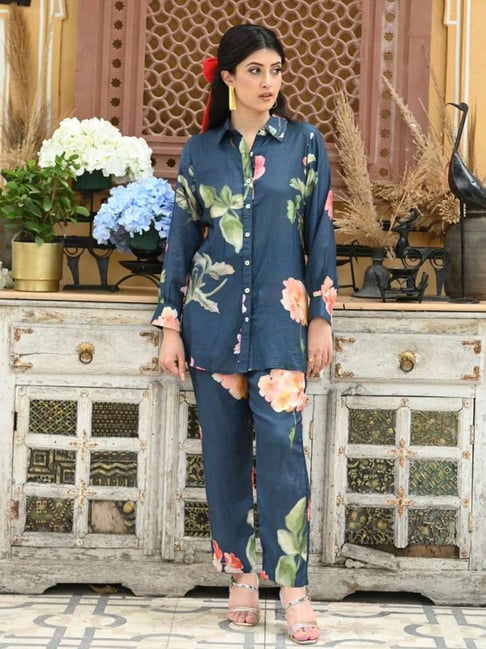 Mahee Jaipur Blue Brush Floral Print Shirt with Pant Co-ord Set-picture-42
