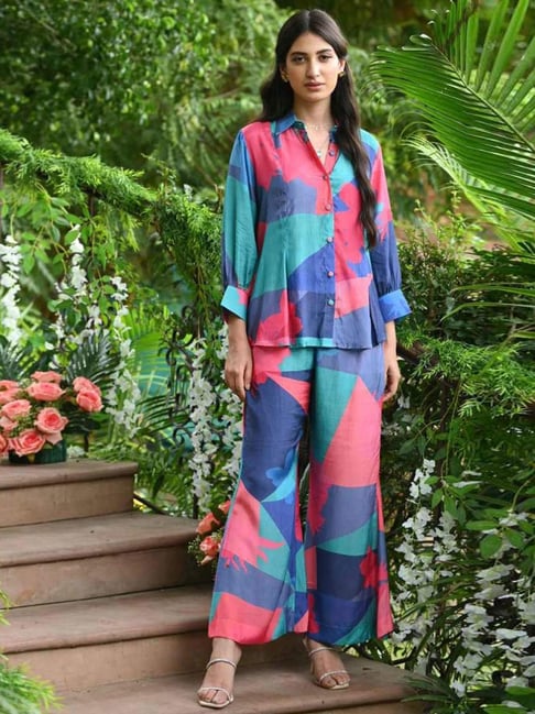Mahee Jaipur Blue & Green Blue and Green Geometric Botanic design Shirt with Pant Co-ord Set-picture-39