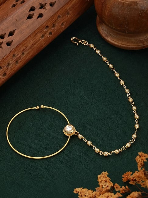 Aatmana Stone Studded & Beaded White Nose Ring for Women