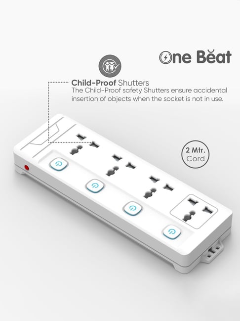 One Beat Power Strip with Universal Socket with Output of 2500W  Extension Cord Meter (White)