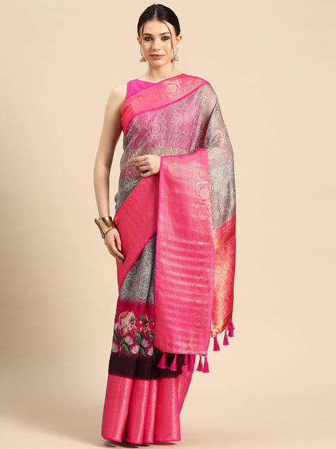 Banarasee Semi-Katan Zari Buta & Contrast Border Saree-Grey & Pink