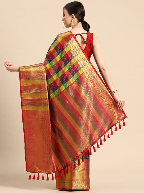 Multi Color Soft Banarasi Silk Golden Zari Weaving Work Checks Saree