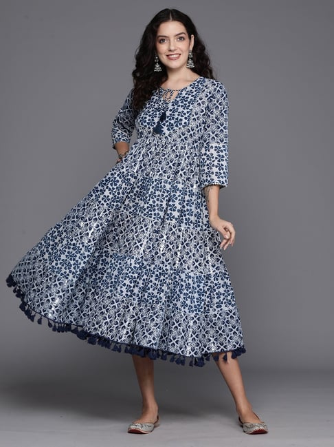 Buy online Navy Blue Printed Fit & Flare Ethnic Dress With Jacket from ethnic  wear for Women by Juniper for ₹570 at 81% off | 2024 Limeroad.com