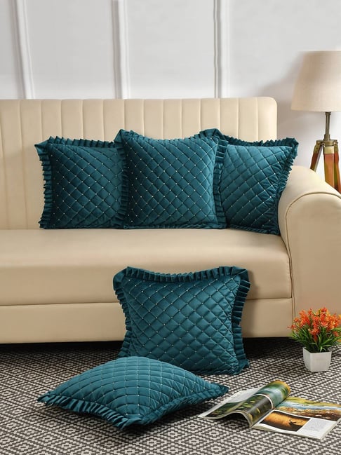 HOSTA HOMES Quilted Blue Velvet Frilled Cushion Covers - Set of 5