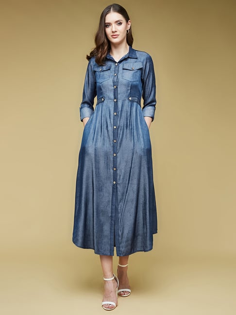 Life With Pockets Blue Midi Shirt Dress