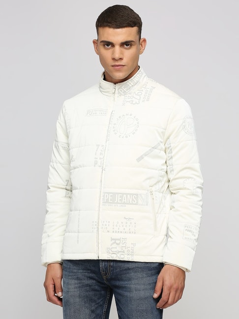 Pepe Jeans White Regular Fit Printed Quilted Jacket